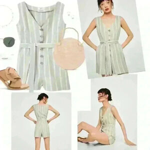 MANGO Striped Linen Jumpsuit Gray White Belted  Romper Pockets Sleeveless Size M